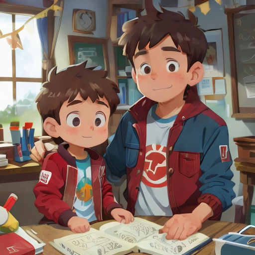 a boy and a girl are sitting at a table with a book in front of them and a clock in the background