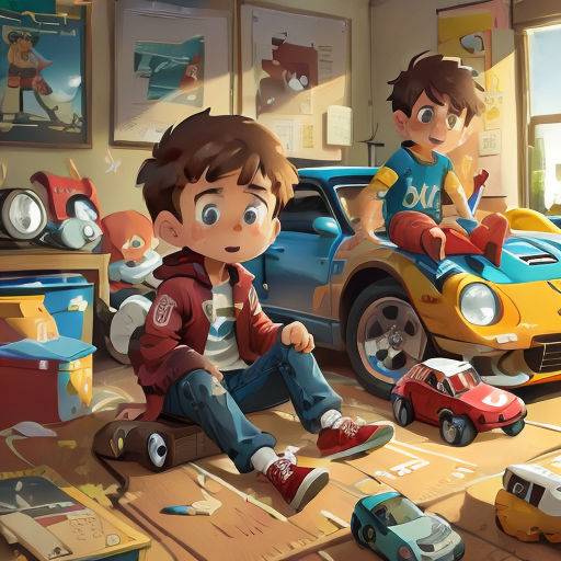 a boy and a girl are playing with toys in a room with a car and a toy truck on the floor