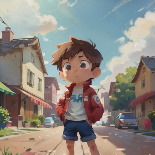 a boy standing on a street corner in front of a house and a car with a red jacket on