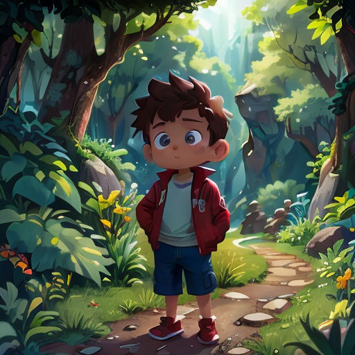 a boy standing in the middle of a forest with a trail leading to him and a forest background with trees and rocks