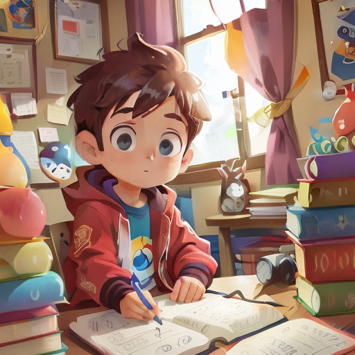 a boy is writing on a book in a room full of books and toys, with a window behind him