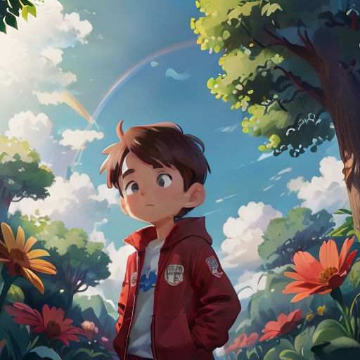 a boy in a red jacket standing in a field of flowers and trees with a rainbow in the background