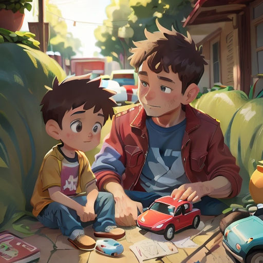 a man and a boy sitting on a table with a toy car in front of them and a house in the background