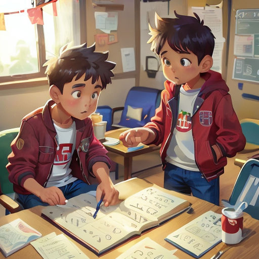 two children sitting at a table with a book and pen in front of them, and a cup of coffee