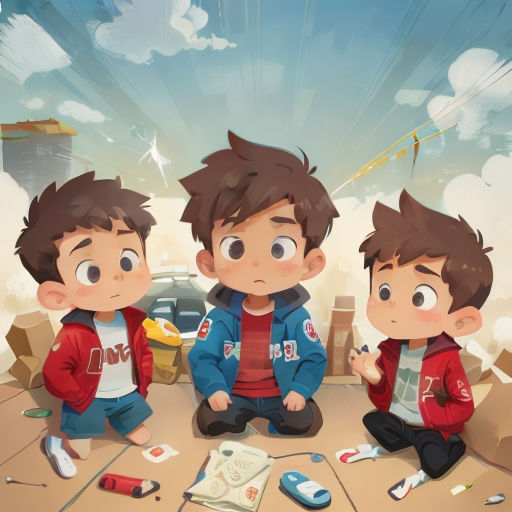 three boys sitting on the ground with a car in the background and a sky background with clouds and clouds