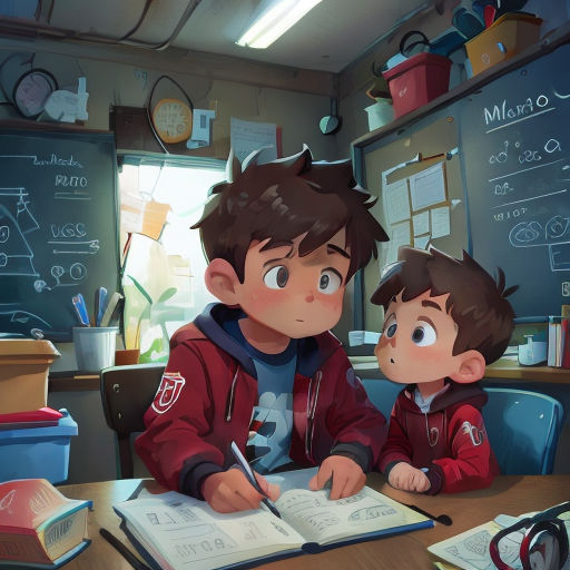 a boy and a boy are sitting at a table with a book and pen in front of them, and a boy is writing on the book