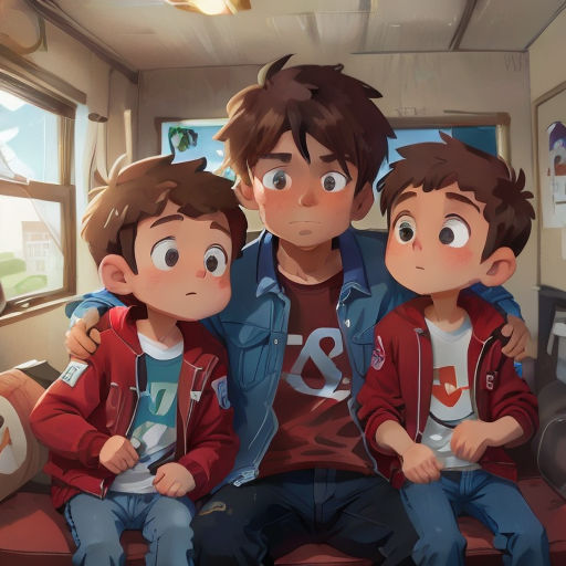 a group of three boys sitting next to each other on a couch in a room with a window and a ceiling fan