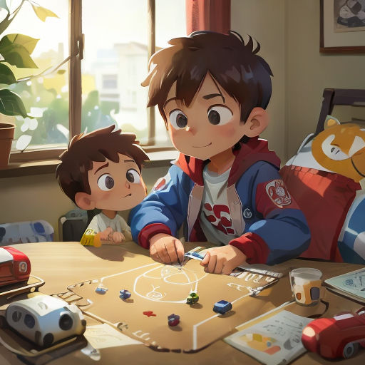 a boy and a boy are sitting at a table with a board game on it and a toy car