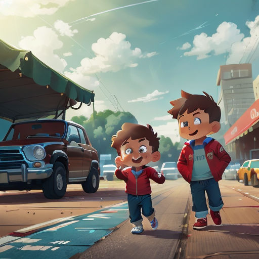 two children walking down a street in a cartoon style, with a car in the background and a truck in the foreground