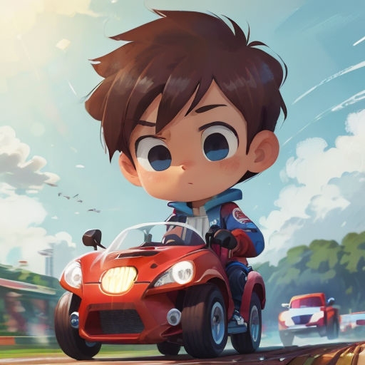 a boy riding a toy car on a road with a sky background and clouds in the background, with a red car in the foreground