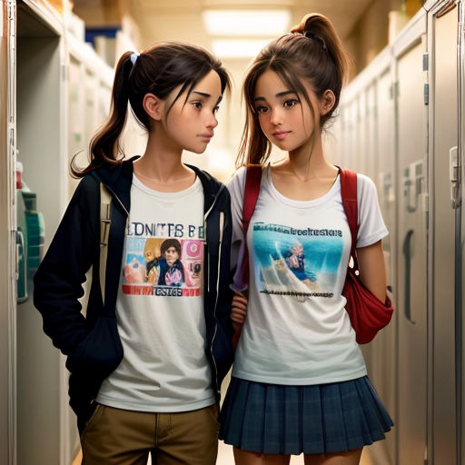 two girls standing in a hallway with lockers behind them and one girl wearing a t - shirt with a movie poster on it