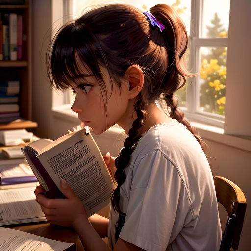 a girl reading a book in a room with a window and a book shelf full of books and a window
