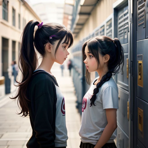 two girls standing next to each other near a locker box on a sidewalk in a city street, looking at each other