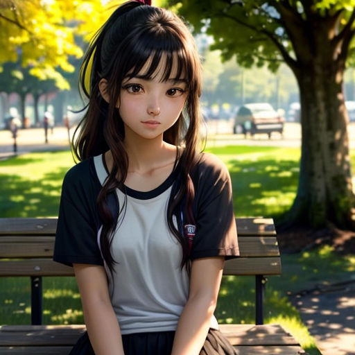 a girl sitting on a bench in a park with her hands on her knees and her hair in a ponytail