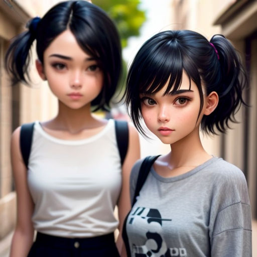 two young girls standing next to each other on a sidewalk in a city street, one with a ponytail