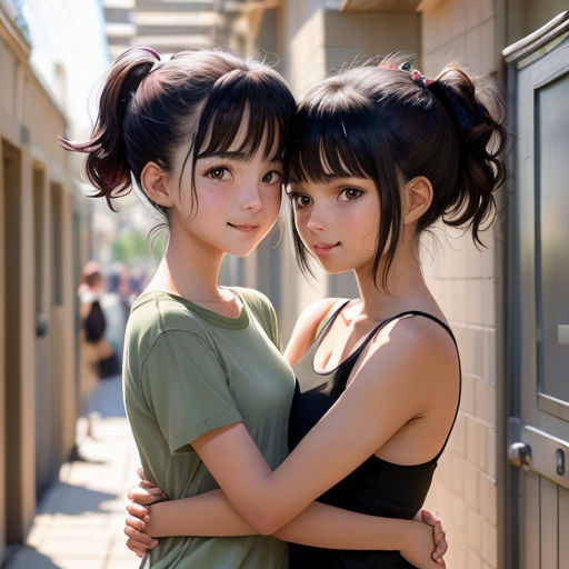 two young girls hugging each other on a sidewalk in front of a building with a sign that says,