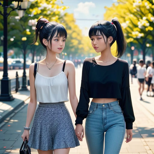 two young women walking down a sidewalk holding hands and looking at each other's eyes, with a city street in the background