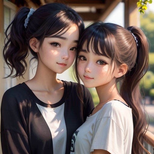 two young girls are posing for a picture together, one is wearing a black shirt and the other is a white shirt