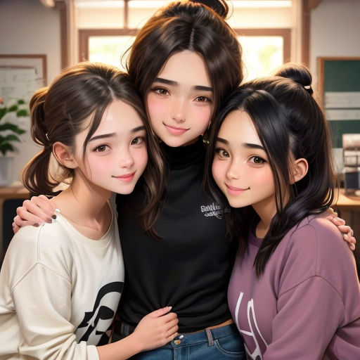 three girls are posing for a picture together in a room with a window and a plant in the background