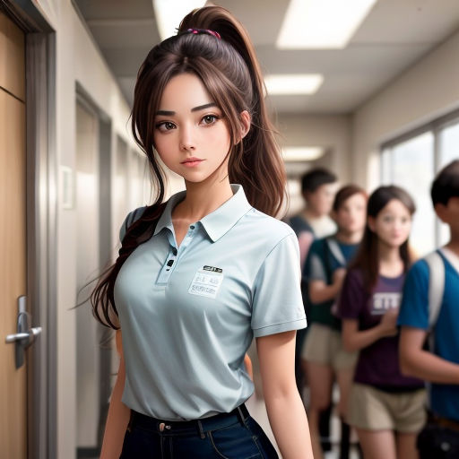 a group of people standing in a hallway next to each other with a woman in a blue shirt and jeans