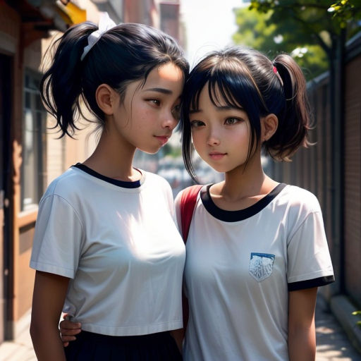 two young girls standing next to each other on a sidewalk in front of a building with a tree in the background
