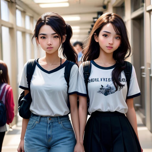 two young women walking down a hallway together wearing matching shirts and jeans and backpacks, both wearing backpacks