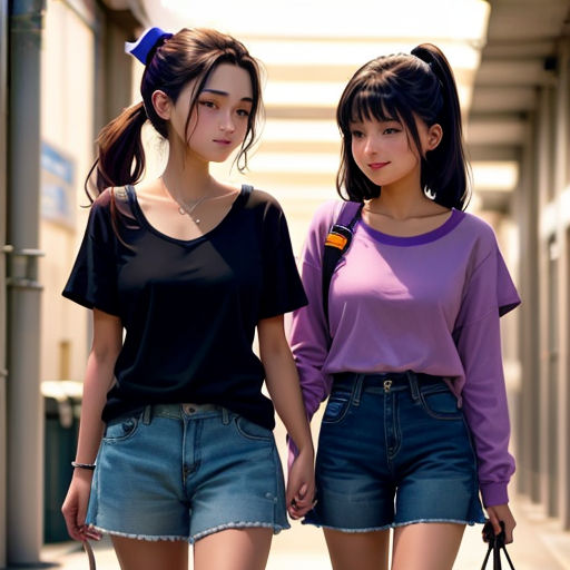 two young women walking down a sidewalk holding hands and holding a handbag in their hands, both of them are wearing short shorts
