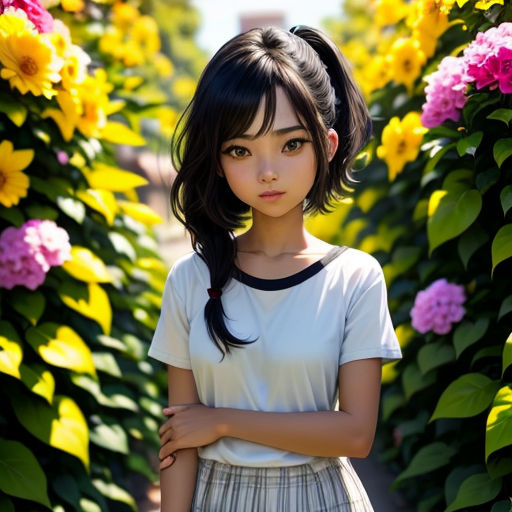 a girl standing in front of a flower garden with her arms crossed and her head tilted to the side