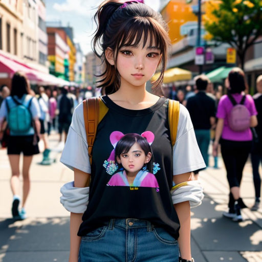 a girl with a bear t - shirt on stands on a street corner in a crowded area with people