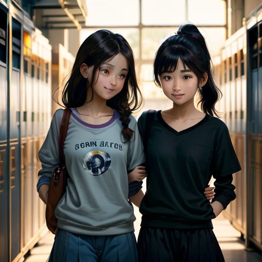 two young girls standing next to each other in a hallway with lockers behind them and a window in the background