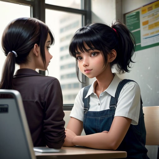 two girls sitting at a table with a laptop computer in front of them, one of them is looking at the other