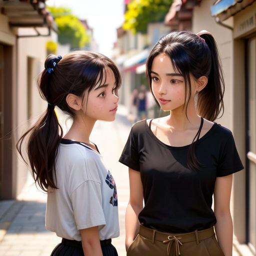 two young girls standing next to each other on a street corner looking at each other with a serious look on their face