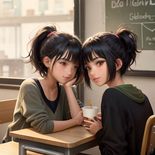 two girls sitting at a table with a cup of coffee in front of them, both looking at the camera