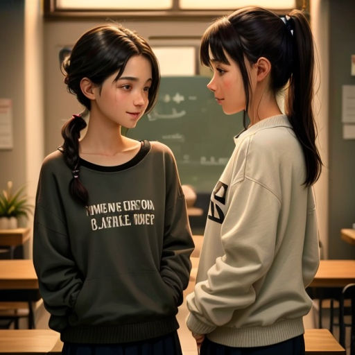 two girls standing in a classroom talking to each other with a chalkboard in the background and a chalkboard in the background