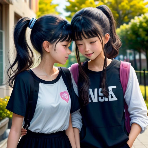 two young girls standing next to each other on a sidewalk with trees in the background and a building in the background
