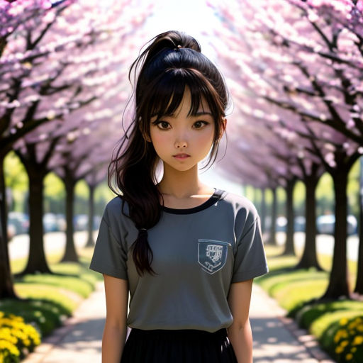 a girl standing in front of a row of trees with pink flowers on them and a green field behind her