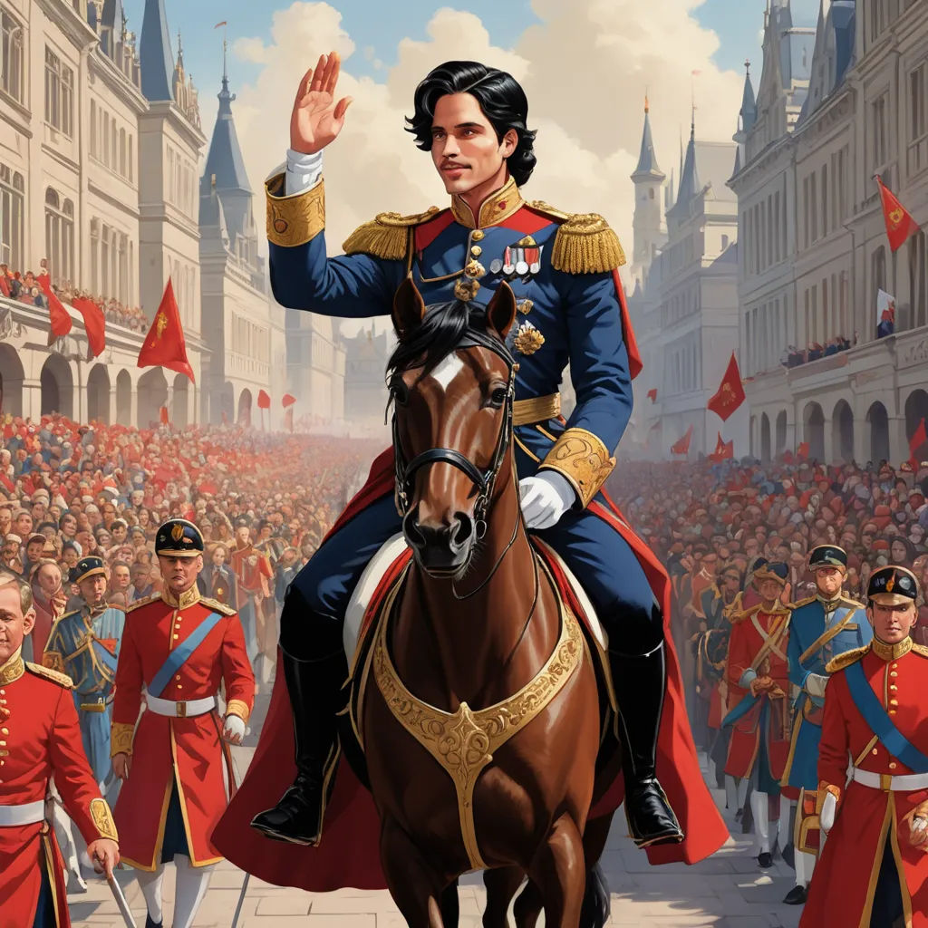 a painting of a man riding a horse in front of a crowd of people in uniform and on horseback, fantasy art, a character portrait, Cedric Seaut (Keos Masons), official art