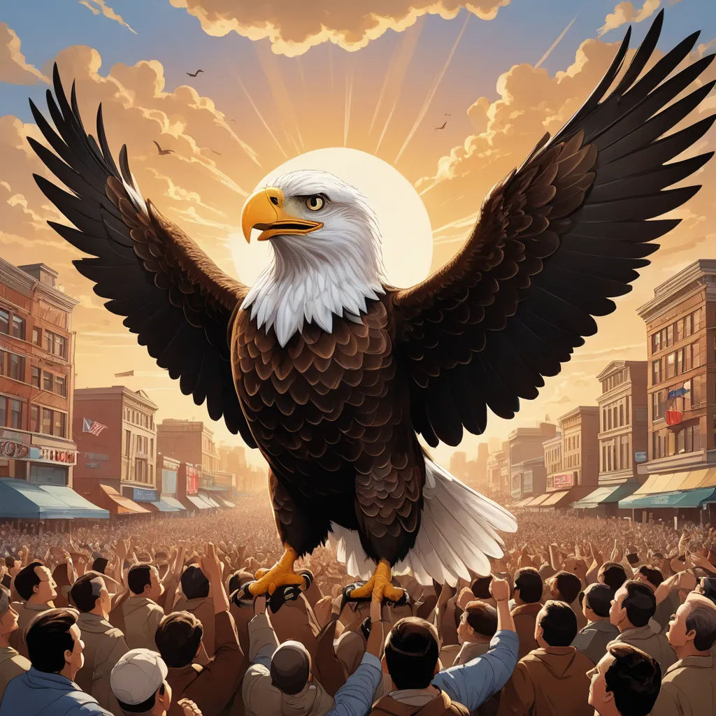 a large eagle is standing on a crowd of people in front of a building with a sun in the background, american scene painting, a detailed matte painting, Chris LaBrooy, highly detailed digital painting