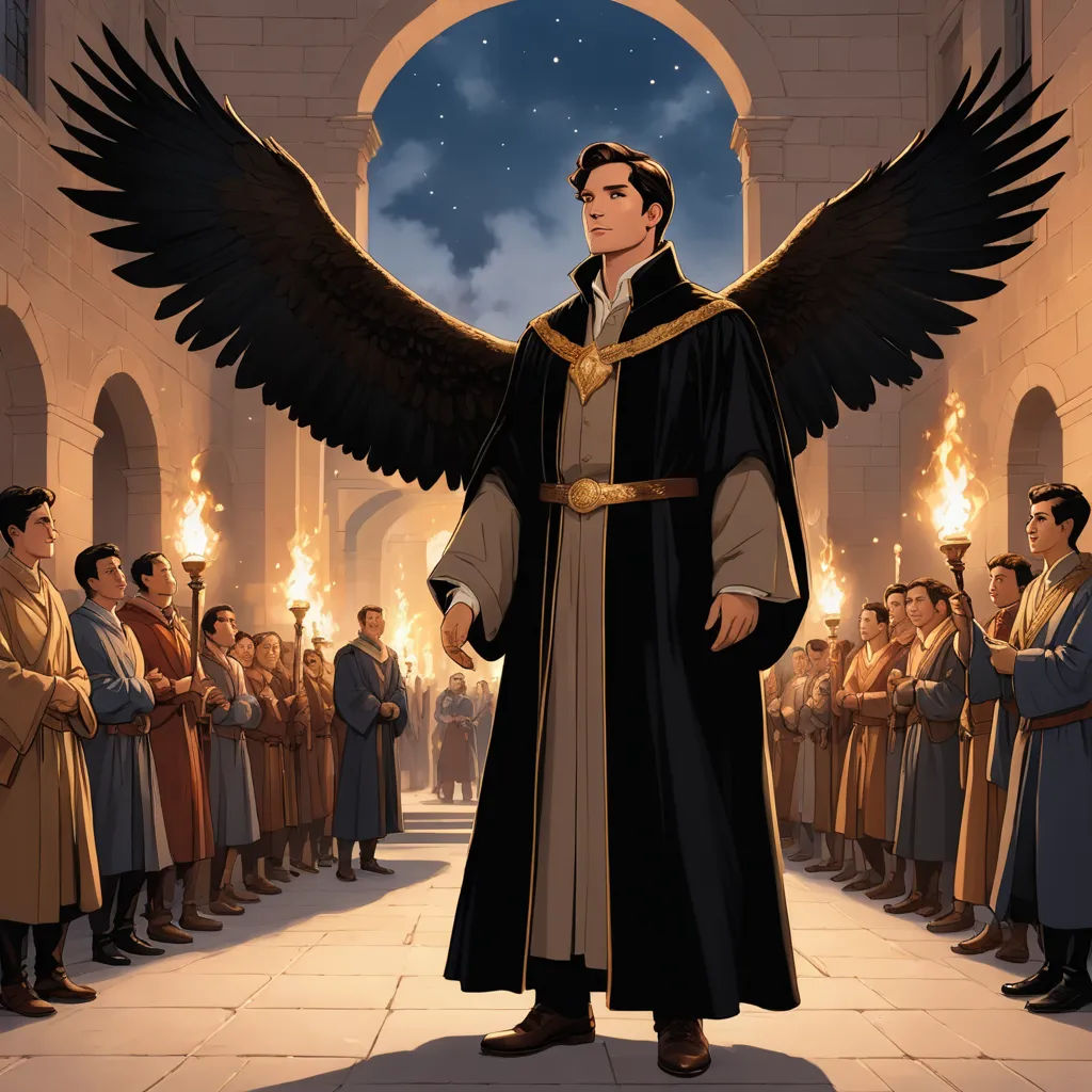 a man in a black robe with a large black bird on his shoulder and a crowd of people in the background, fantasy art, a comic book panel, Cedric Seaut (Keos Masons), official art