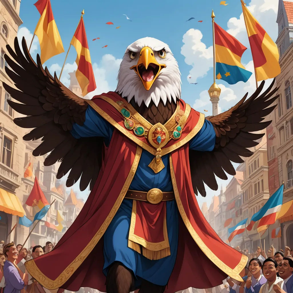 a cartoon eagle with a red cape and gold crown and a red cape on his head and arms, with a crowd of people in the background, altermodern, concept art, Chris LaBrooy, official art