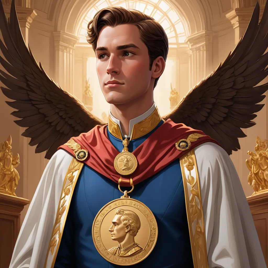 a man in a blue and gold outfit with wings on his head and a gold medal around his neck, fantasy art, a character portrait, Clint Cearley, kinkade