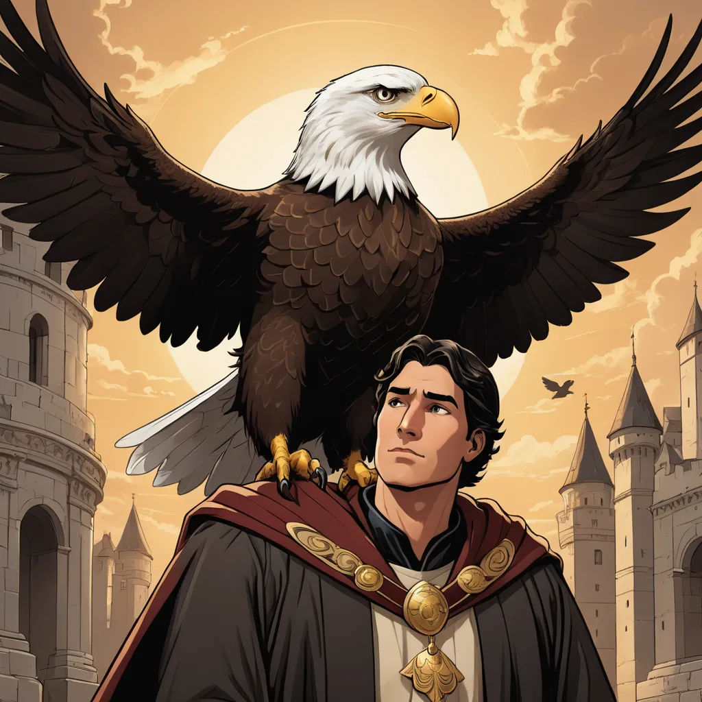 a man in a cape with an eagle on his shoulder and a castle in the background with a full moon, fantasy art, a comic book panel, Brothers Hildebrandt, official art