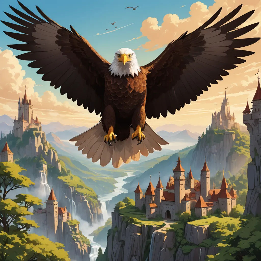 a large eagle flying over a castle with a river below it and a bird flying over it's head, fantasy art, a detailed matte painting, Chris LaBrooy, highly detailed digital painting