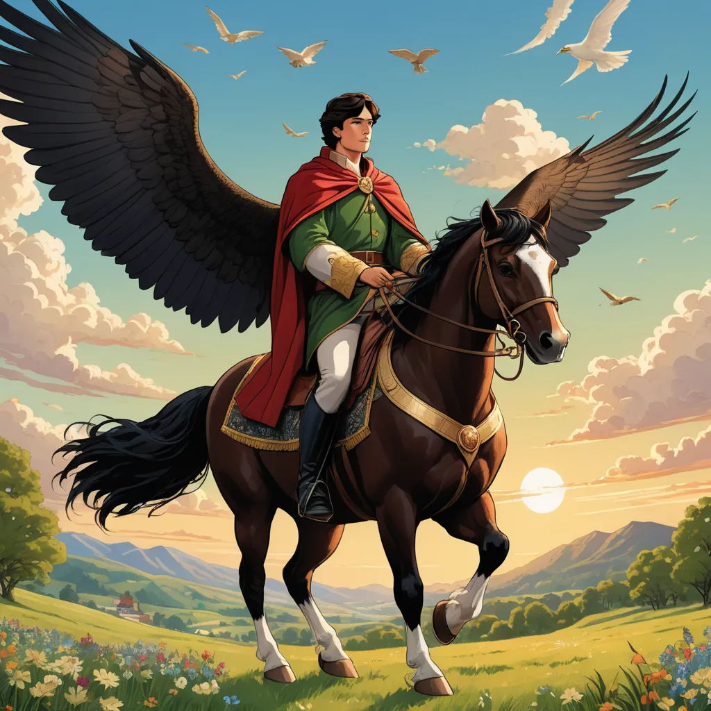 a man riding on the back of a brown horse with wings flying above him and a bird flying above him, fantasy art, a storybook illustration, Brothers Hildebrandt, official art