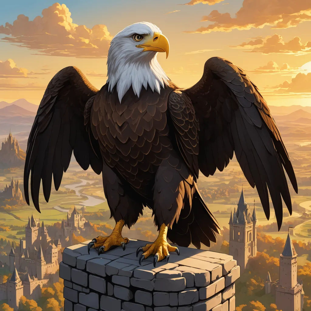 a bald eagle standing on a brick wall with a castle in the background and a sunset in the sky, fantasy art, an ultrafine detailed painting, Christophe Vacher, magic the gathering artwork