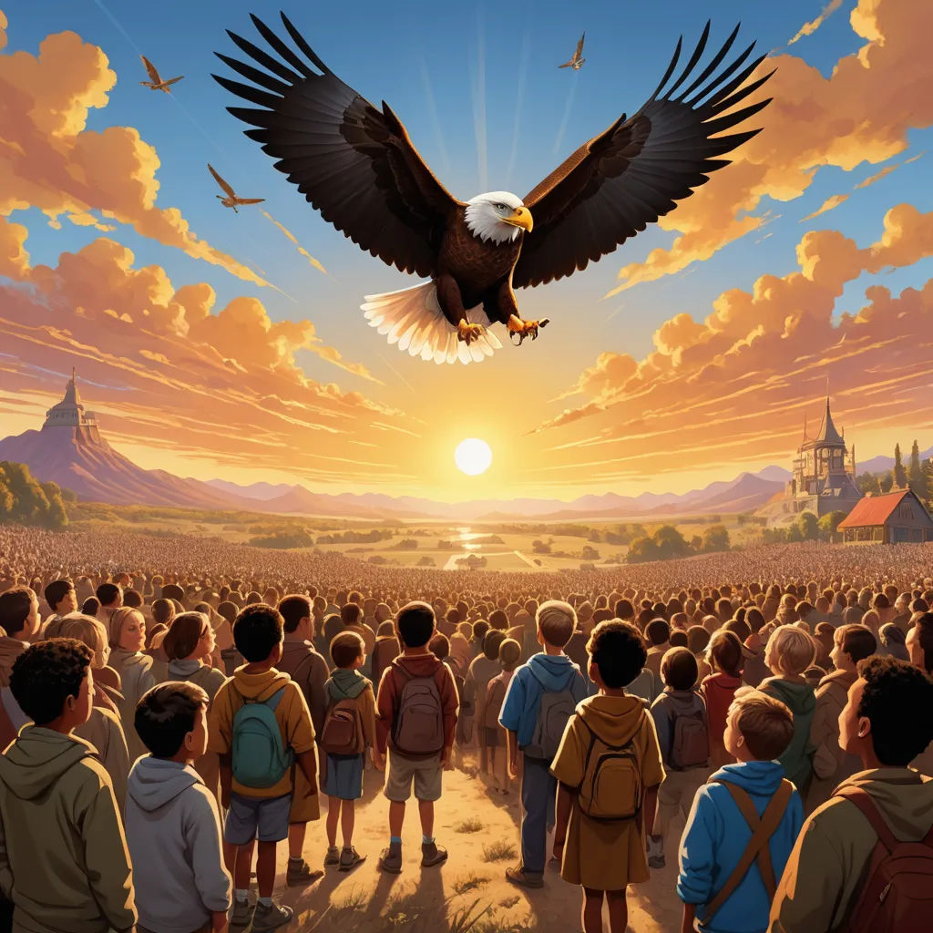 a painting of a large eagle flying over a crowd of people in a field at sunset with a castle in the background, american scene painting, a storybook illustration, Dan Mumford, dan mumford. octane render
