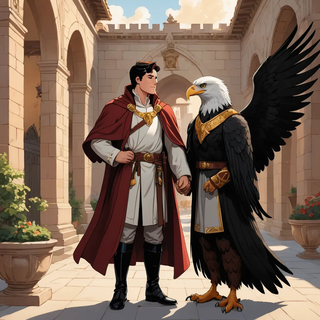 a man in a red cape and a bald eagle standing next to each other on a patio with a stone wall, fantasy art, a storybook illustration, Brothers Hildebrandt, official art