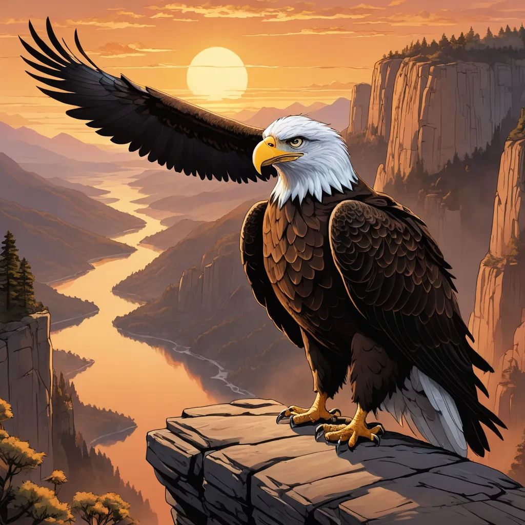 a bald eagle perched on a rock ledge with a river and mountains in the background at sunset with a sun setting, american scene painting, an airbrush painting, Anne Stokes, majestic