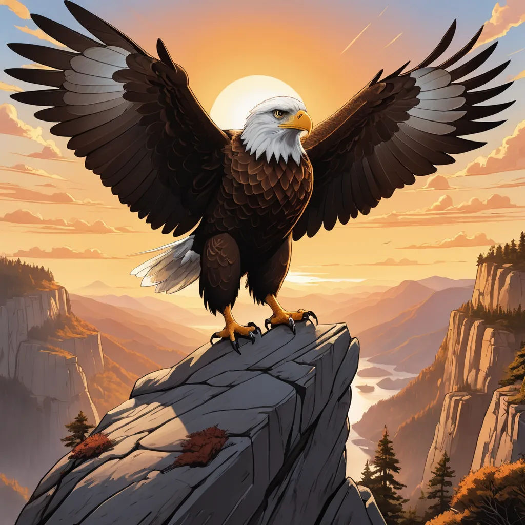 a bald eagle standing on a rock with the sun in the background and mountains in the foreground with a river below, american scene painting, an airbrush painting, Dan Mumford, highly detailed digital painting