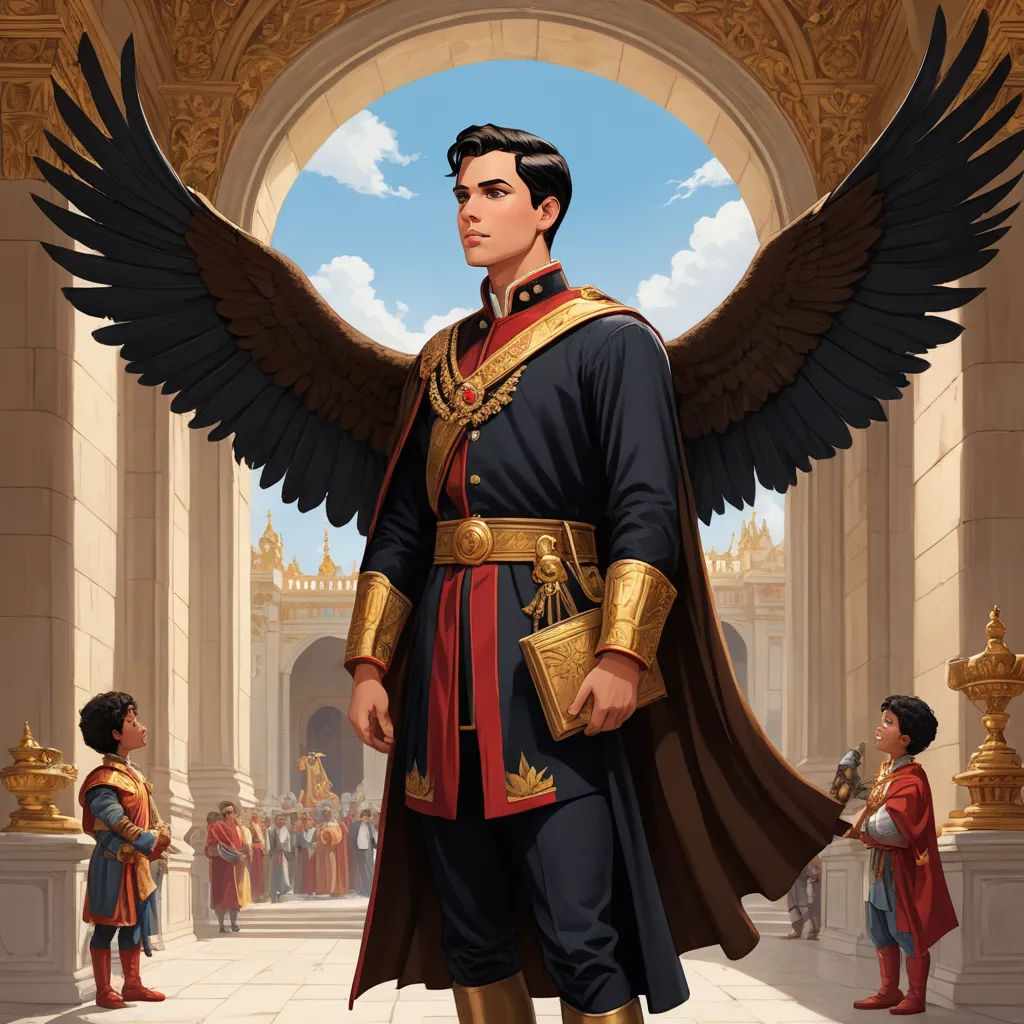 a man in a uniform with wings on his shoulders and a sword in his hand, standing in a courtyard, fantasy art, a character portrait, Aaron Jasinski, rossdraws global illumination